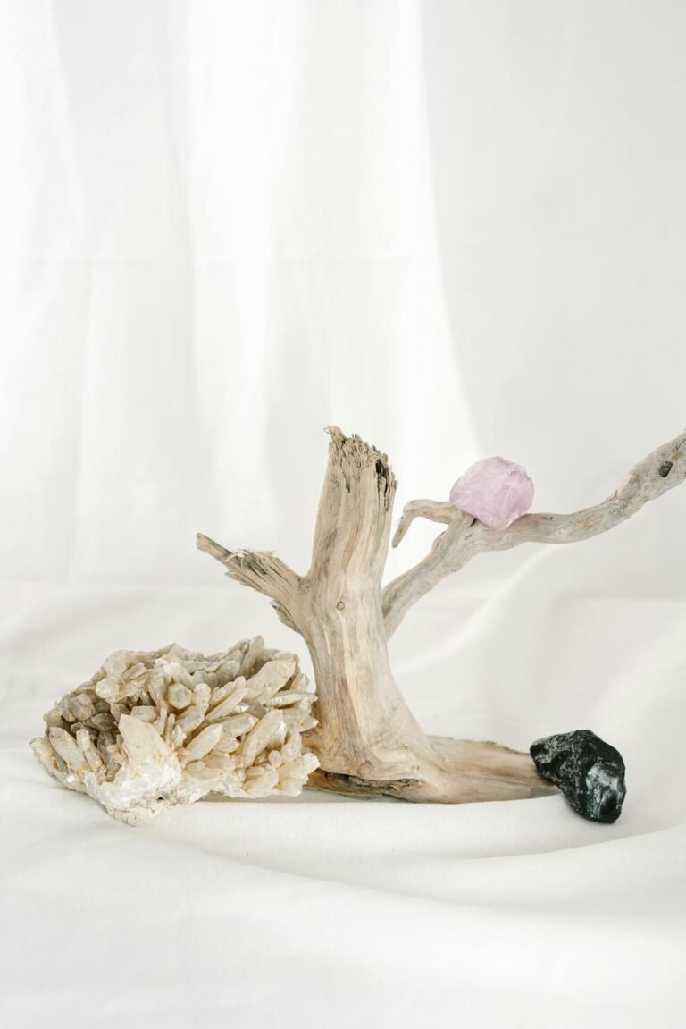 Elegant arrangement of crystals and driftwood against a white backdrop, creating a serene and mystical ambiance.